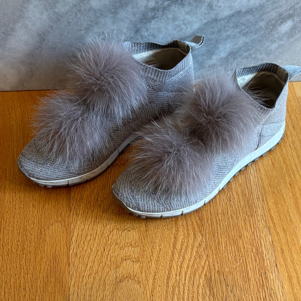Jimmy choo Gray Knit Women's Shoes with real Fur Pom Poms